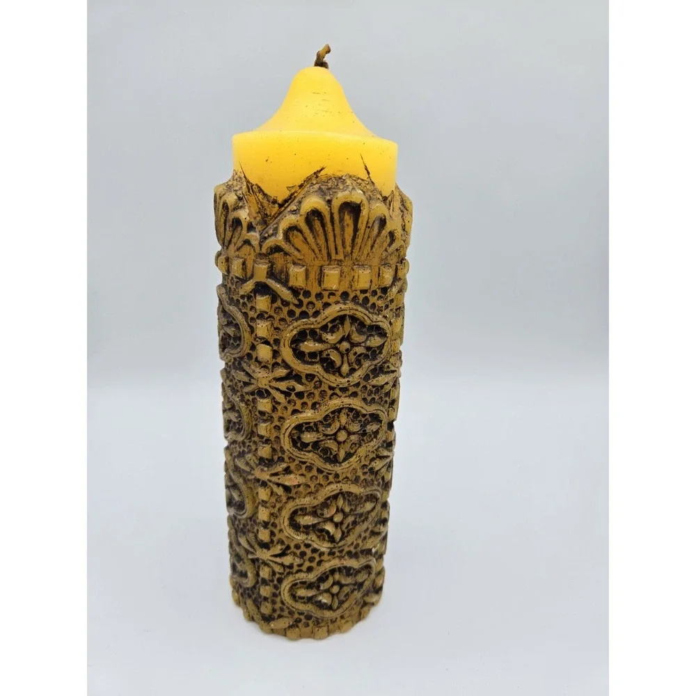 VTG 70s Pillar Candle Unscented Yellow Carved MCM Boho Hippie Retro Castle 9.75